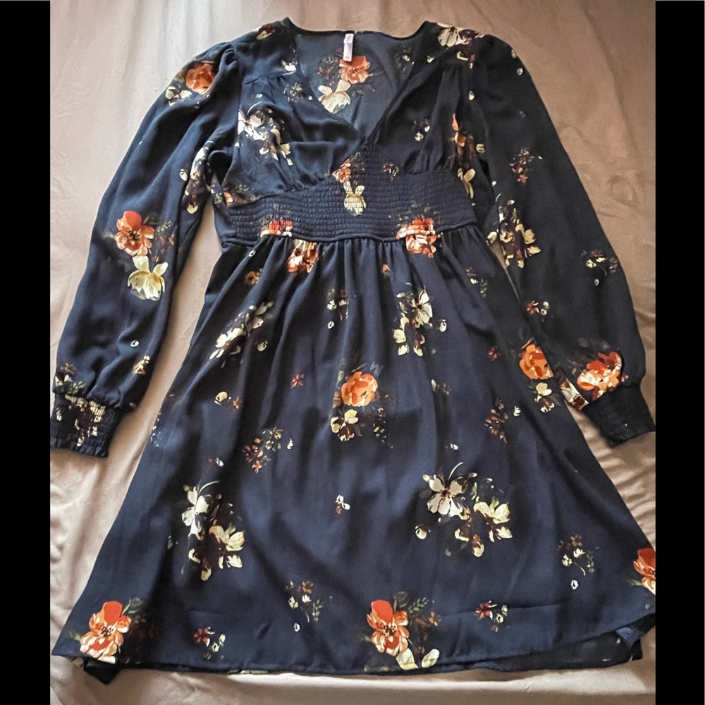 Navy Blue long sleeve dress with flower print